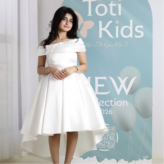 صورة فستان بناتي أبيض أوف شولدر | فستان هاي لو للأفراح - M3750